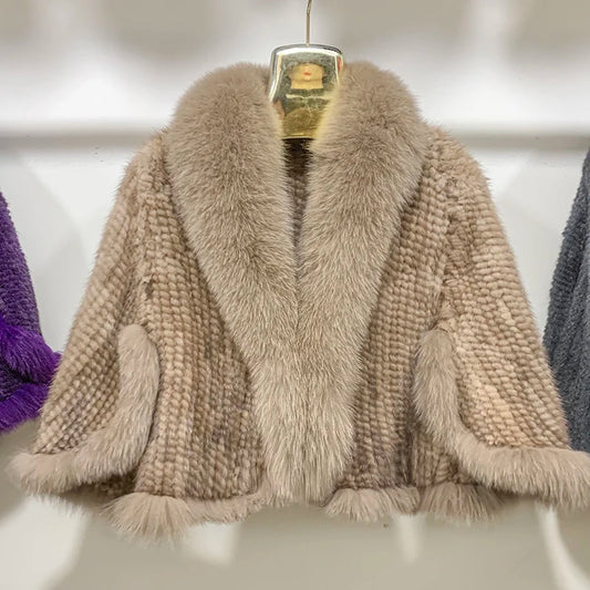New Real Mink Fur Poncho Knitted 100% Natural Real Mink Fur Shawl Natural Fox Fur Collar cape Autumn Winter Mink Fur Scarfs