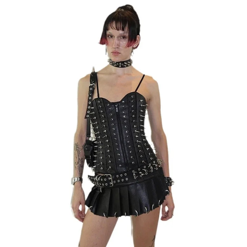 2025 New PU Leather Hollow Hoop High-waisted Velcro Slim A-line Pleated Skirt Short Dress for Women