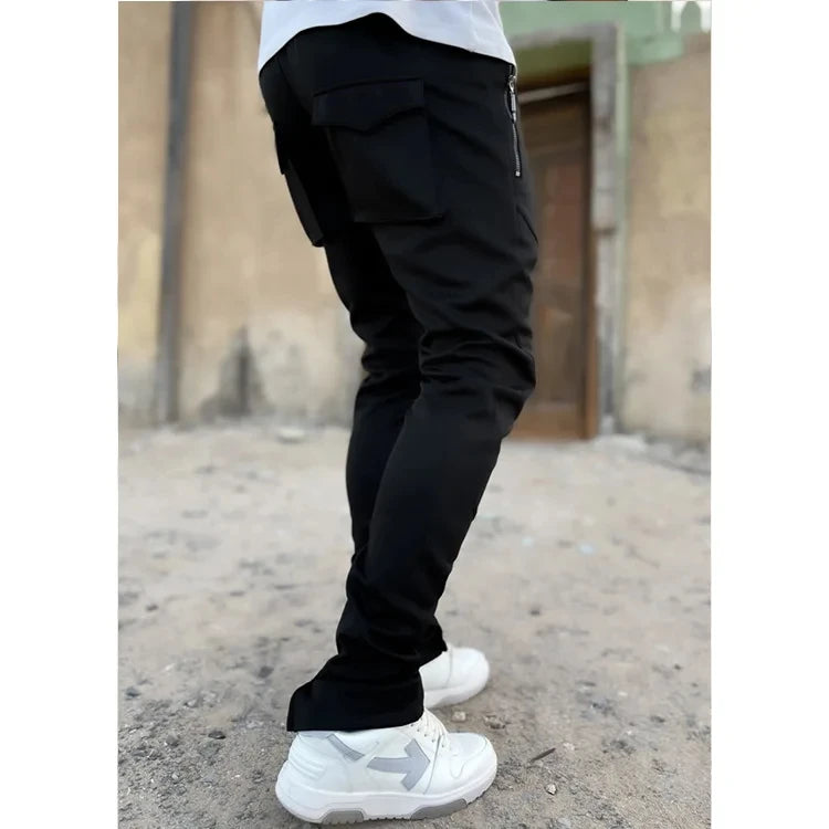 Autumn Men's Footband Solid Color Sports Pants Stretch Slim Cotton Zipper Pocket Draw Rope Fashion Running Casual Sports Pants