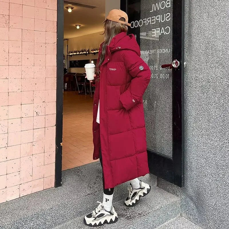 2025 Solid Long Down Parka Women with  Hood  Cotton Padded Jacket Winter Overcoat Fashion Thicken Warm Puffer Coat Female