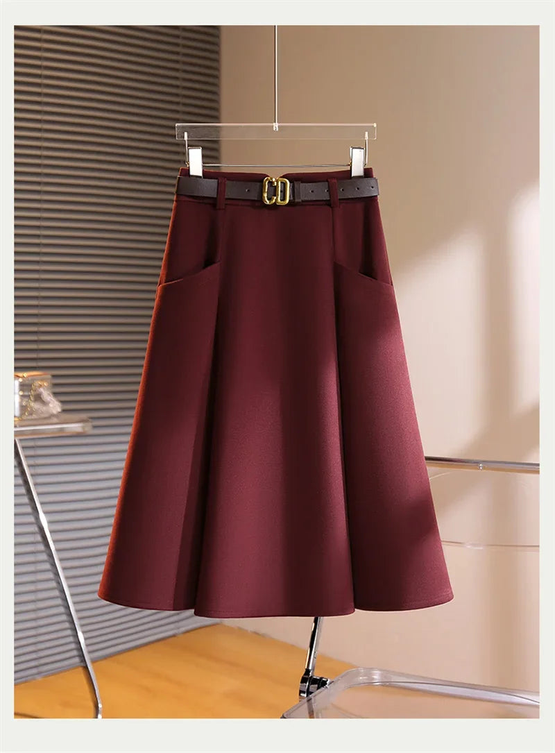 New Spring Autumn Fashion Skirt Women Elegant High Waist Solid Color A-line Casual Midi Skirts Office Lady Women's Clothing