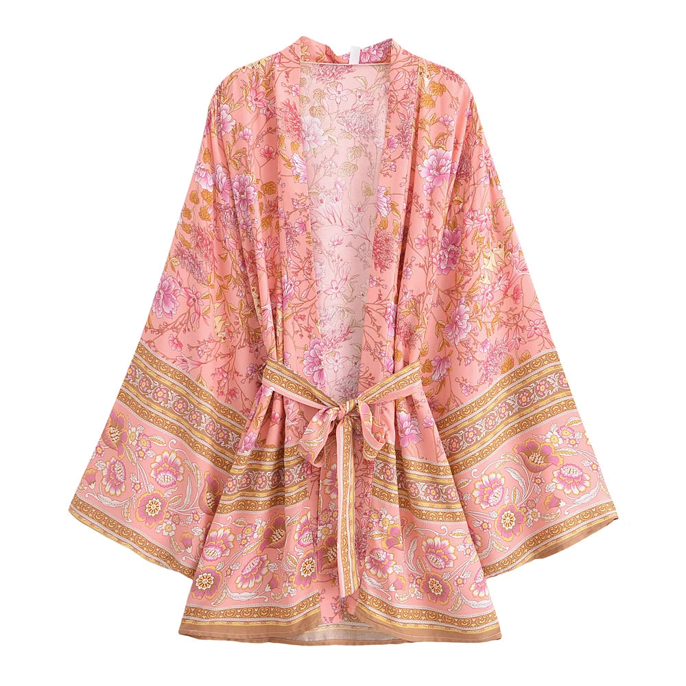 Boho Queens Multi Floral Print Sashes Short Kimono Women Bohemian V Neck Batwing Sleeves Rayon Robe Beach Bikini Cover-up