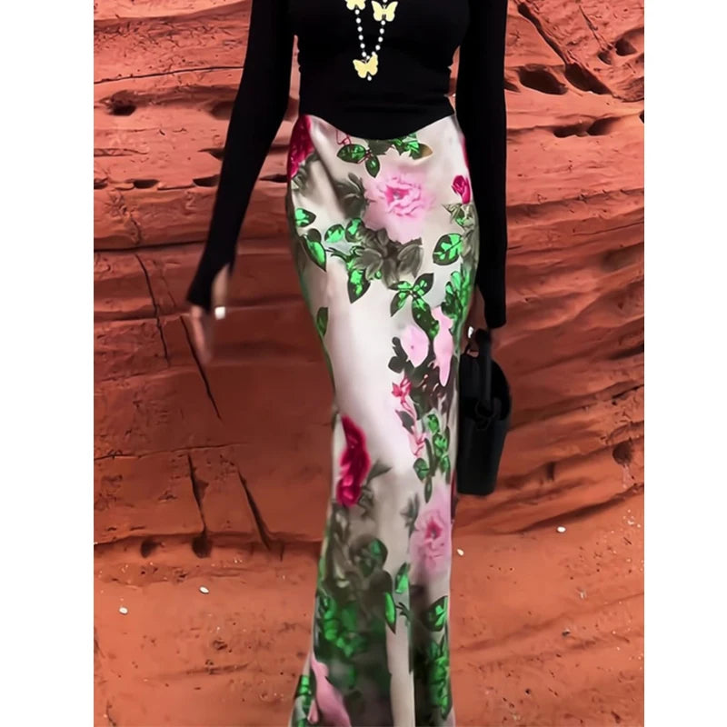 Women Clothing Stylish Vintage Satin Floral Print Luxury Chic Long Skirts Female Elegant High Waist Slim Party Maxi Skirt Faldas