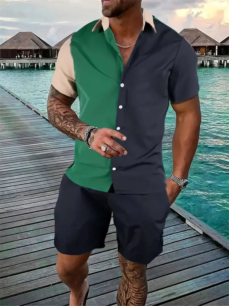 3D Printed Geometric Pattern Men's Shirt Colour Blocking Fashion Button Down Collar Short Sleeve Men's Hawaii Suit Summer Shirt