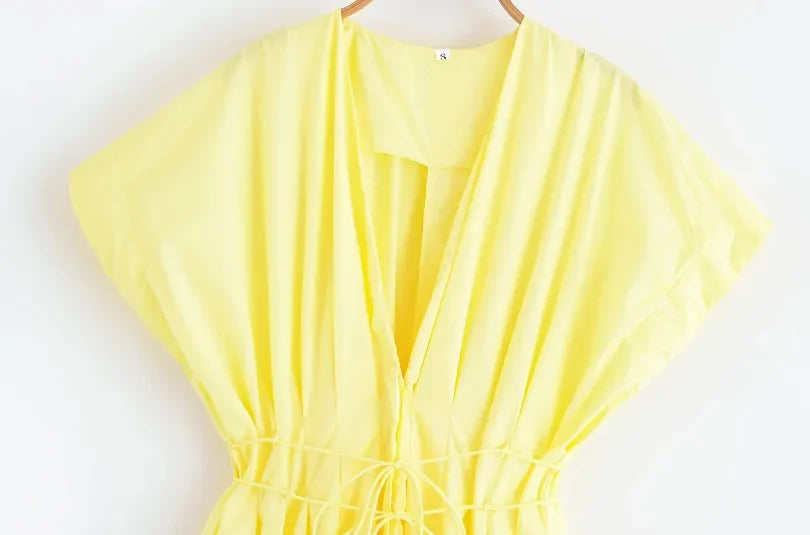 Slimming Casual Short Sleeve Pleated Shoulder Draped Dress Versatile Women's Fashion Design Knee-Length V-Neck Dress