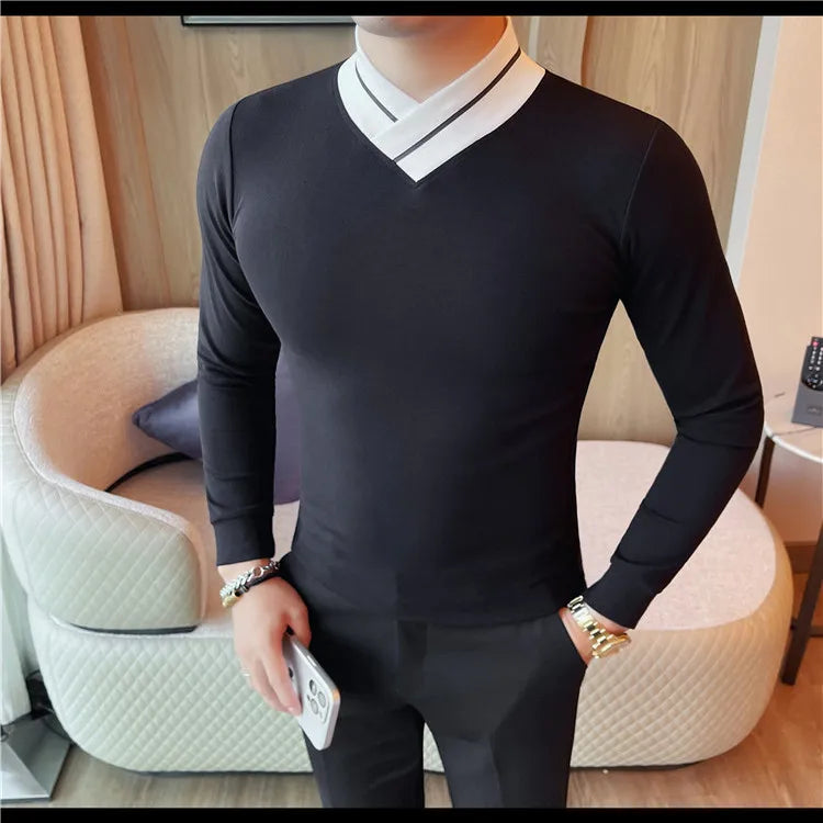 Autumn Winter Men's Mock Neck Long Sleeved T-shirt Slim Fit Elastic Solid Color Base Shirt Versatile Casual Business T-shirts