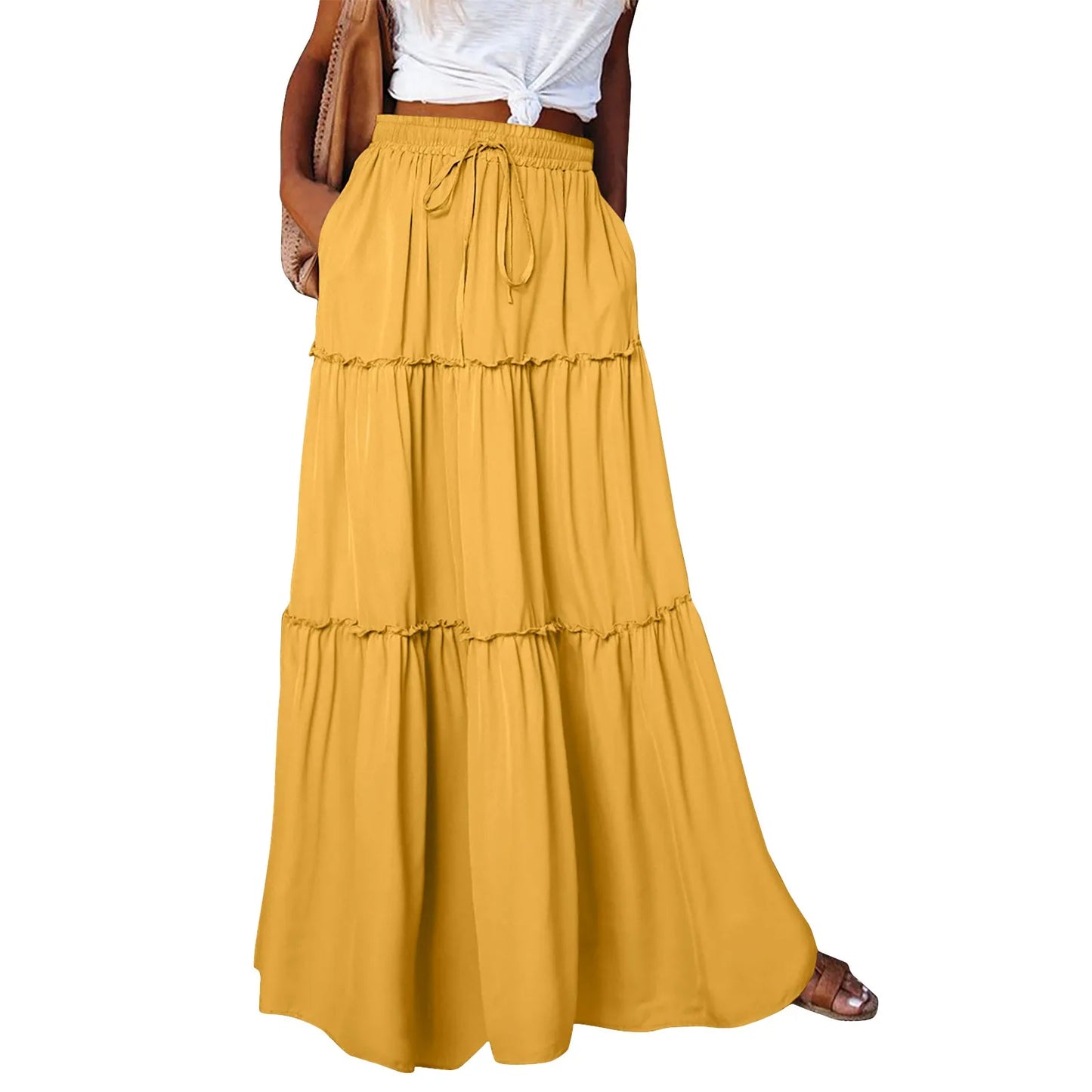 Women long skirt Fashion Solid Color Long Skirts Elastic Waist faldas Loose Casual High Waist saia Versatile Half-Body Dress