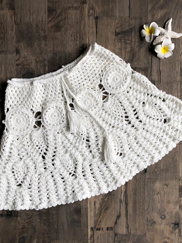 New Sexy Crochet Tassel Beach Skirt Cotton Swimsuit Fused Skirt Casual Beach Running Lace See Through Slim Mini Skirts
