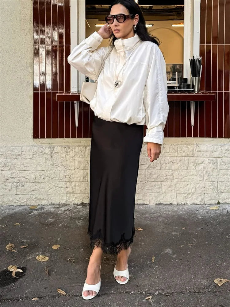 Tossy Fashion Autumn Lace Maxi Skirt For Women High Waist Slim Satin Elegant Commute Party Looks Female Printed Lace Long Skirt