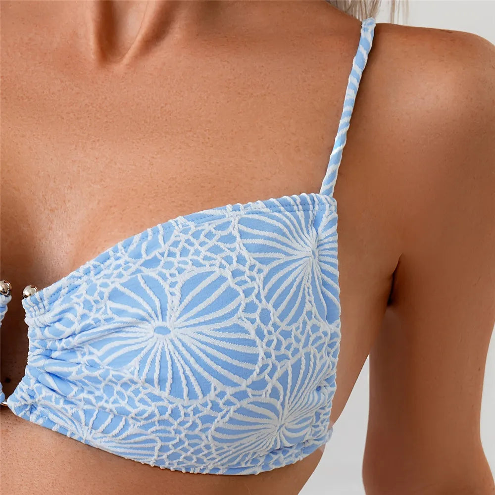 Light Blue Flower String Lace-up Bikini Swimwear Metal Ring Sexy Swimsuit Women Bathing Suit Biquinis Bikinis Sets De Mujer 2025
