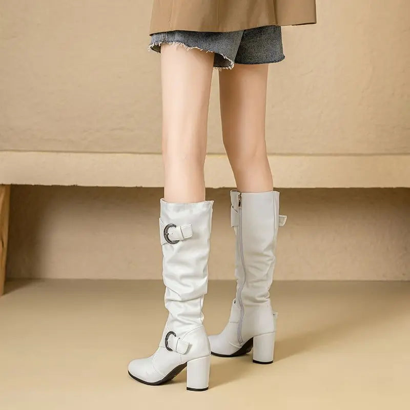 REAVE CAT Classic Women Knee High Boots Round Toe Block Heels 7.5cm 51 52 Pleated Fashion Booties