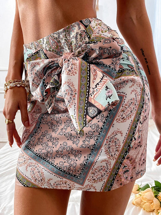 2025 New High-Waist Belted A-line Printed Skirt for Women