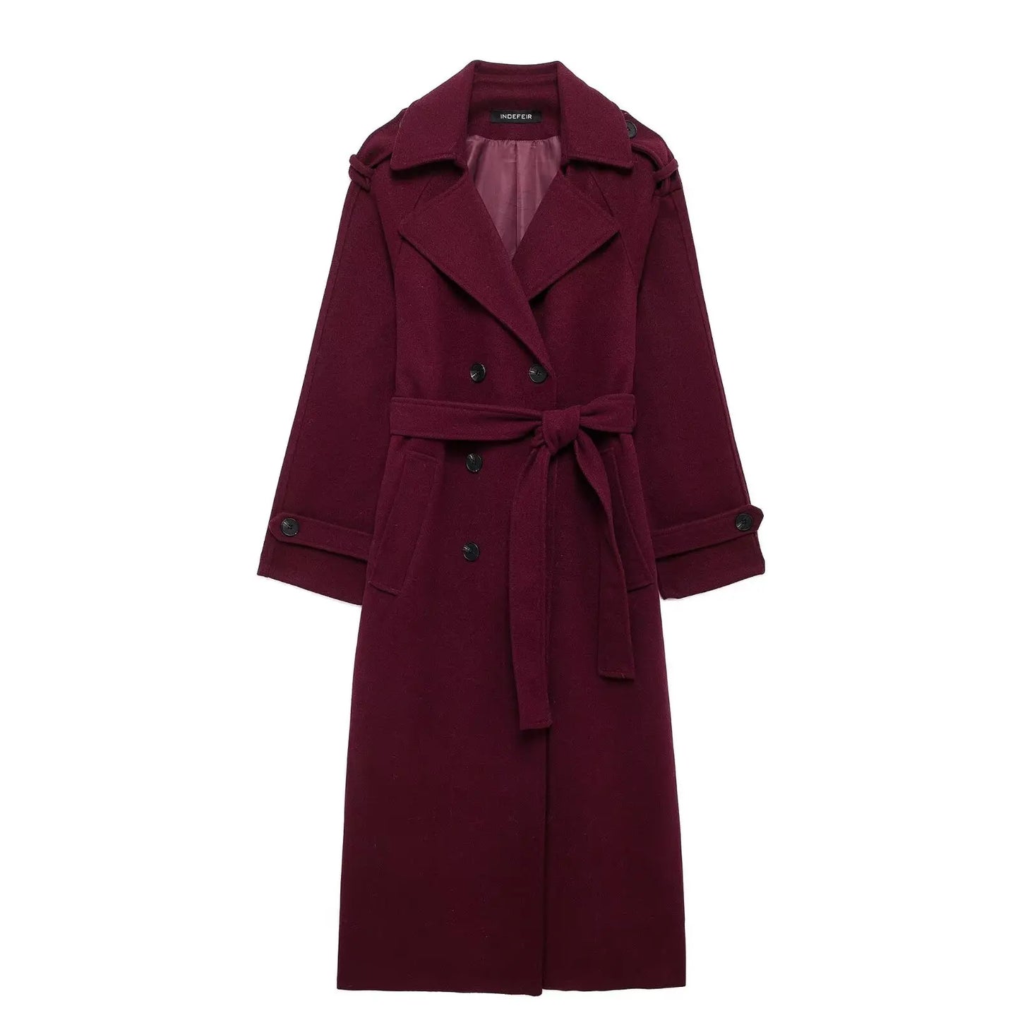 HH Women Elegant Wine Red Coat With Belt Lapel Full Sleeve Double Breasted Lady Overcoat Autumn Winter Female Outwear