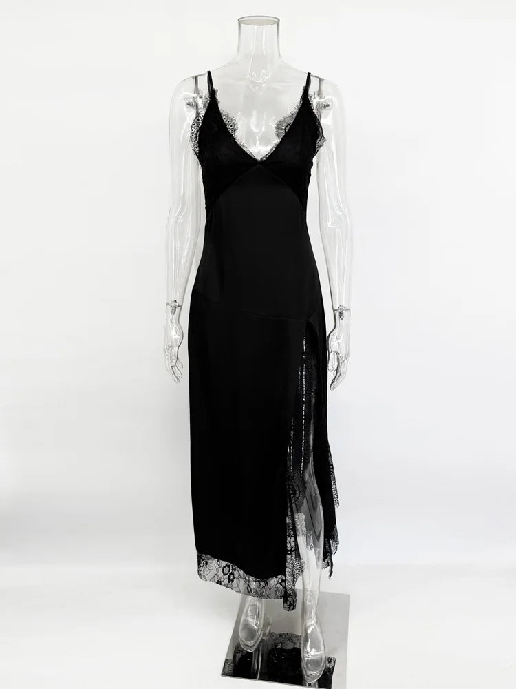 Tossy Black Lace Printed Long Dress For Women V-Neck Backless Slim Patchwork Spaghetti Party Dress Female Summer Bodycon Dress