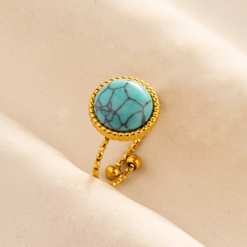 Classic Retro Turquoise Finger Jewelry Stainless Steel Rings For Women Men Accessories Open Adjustable 18k Real Gold Plated Ring