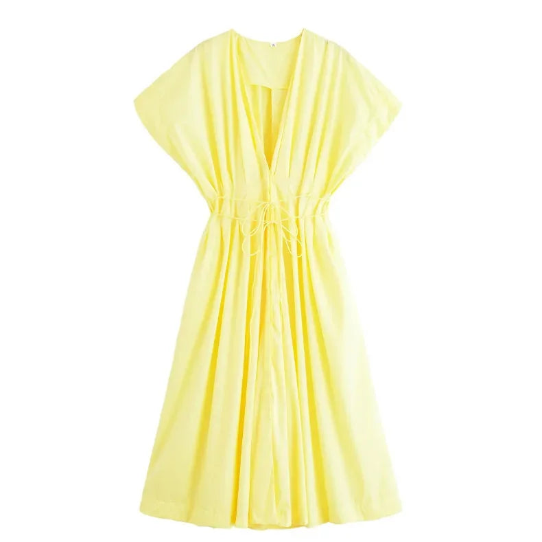 Slimming Casual Short Sleeve Pleated Shoulder Draped Dress Versatile Women's Fashion Design Knee-Length V-Neck Dress