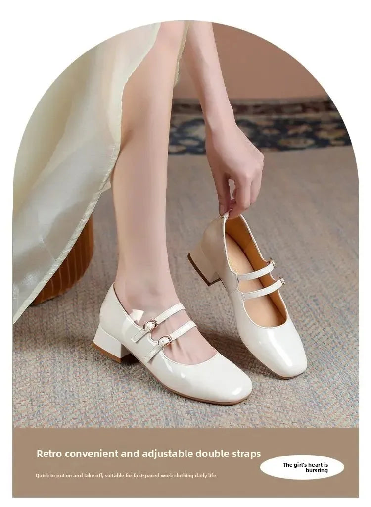French Elegance Patent Leather Slip-On Mary Jane Shoes Retro Wine Red Buckle Strap Low Heel Thick Heel Single Shoes