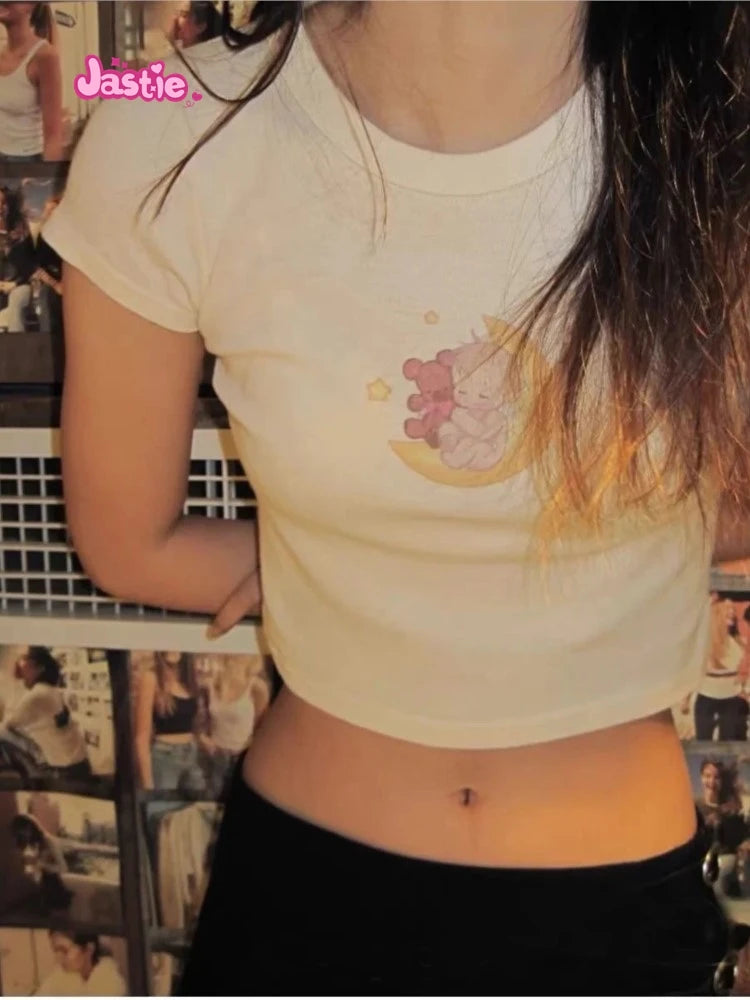 Cartoon Print Beige T-shirts Women 2024 Summer Streetwear Round Neck Short Sleeve T Shirt Female Vintage Chic Y2k Crop Top