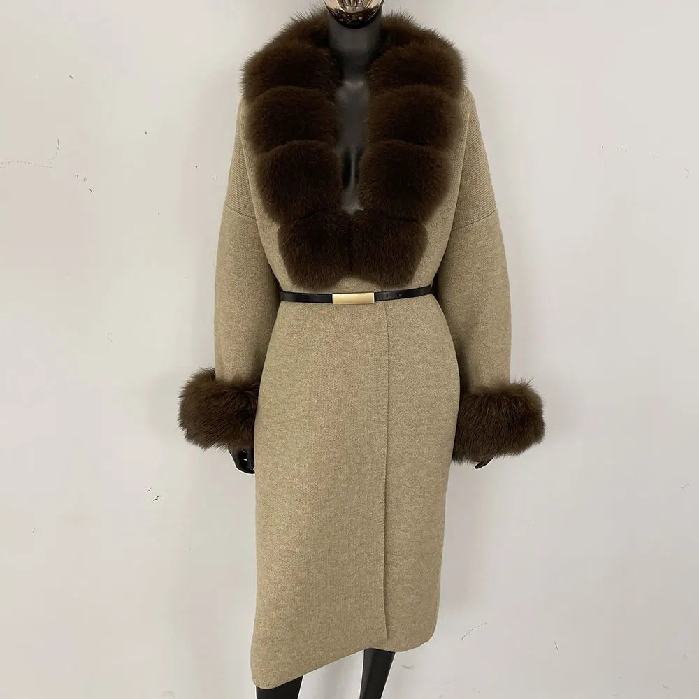 Long Knitwear Coat Women Warm Belt Real Fox Fur Jacket Female 2024 New Autumn Winter Kintted Natural Fur Coat Women