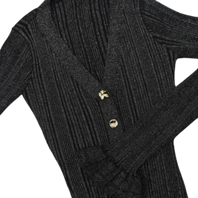 Elegant Evening Dress Women V Neck Long Sleeve Patchwork Button Pleated Sweater Dresses 2024 Autumn Winter Knit Maxi Dress