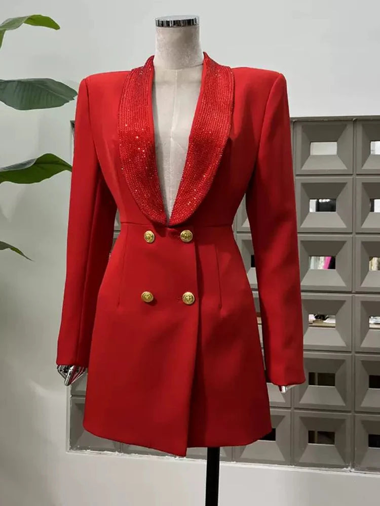 2025 autumn women's new fashion temperament deep V-neck heavy industry beading stitching design sense backless women's suit jack