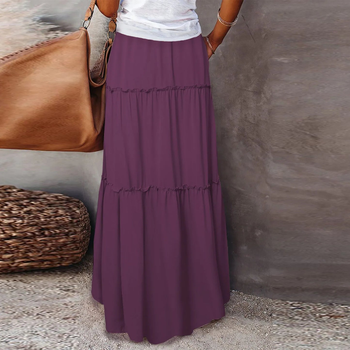 Women long skirt Fashion Solid Color Long Skirts Elastic Waist faldas Loose Casual High Waist saia Versatile Half-Body Dress