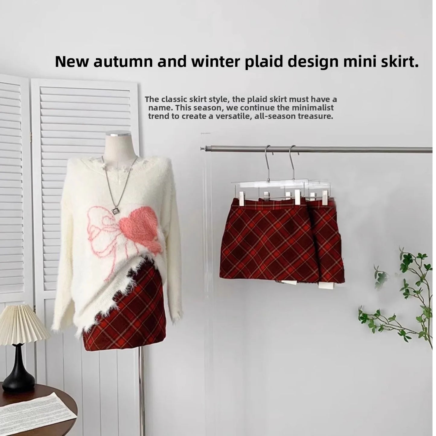 High Waist Plaid Mini Skirt Autumn Winter Woolen A- Line Skirt Short Skirt Retro Red Grids Half Body Skirt Small Size