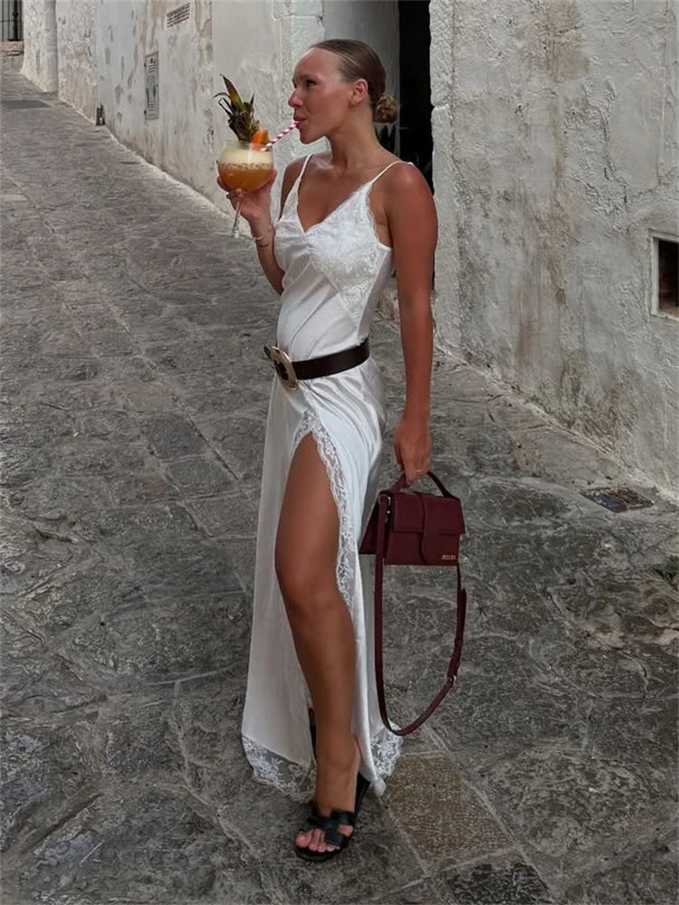 Tossy Black Lace Printed Long Dress For Women V-Neck Backless Slim Patchwork Spaghetti Party Dress Female Summer Bodycon Dress