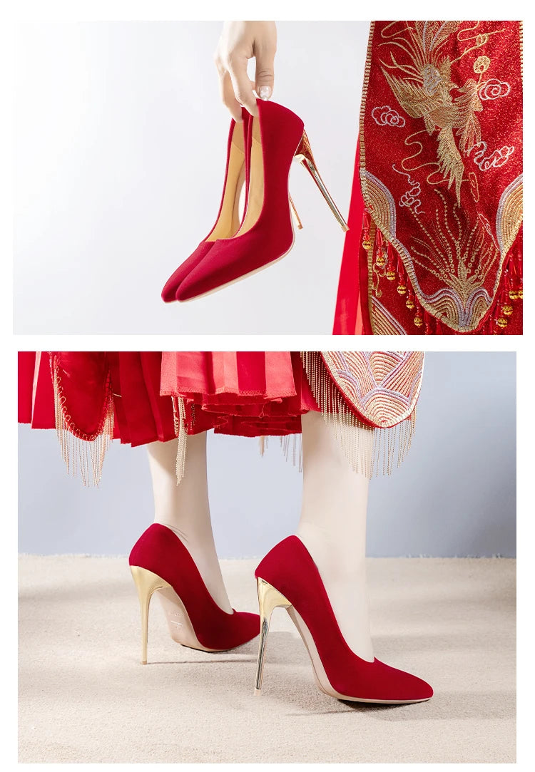 12cm   Red Heels Oversized Women's Heel Shoes 45 Red Wedding Shoes Flannelette Super High Heel Women's Shoes Zapatos De Mujer