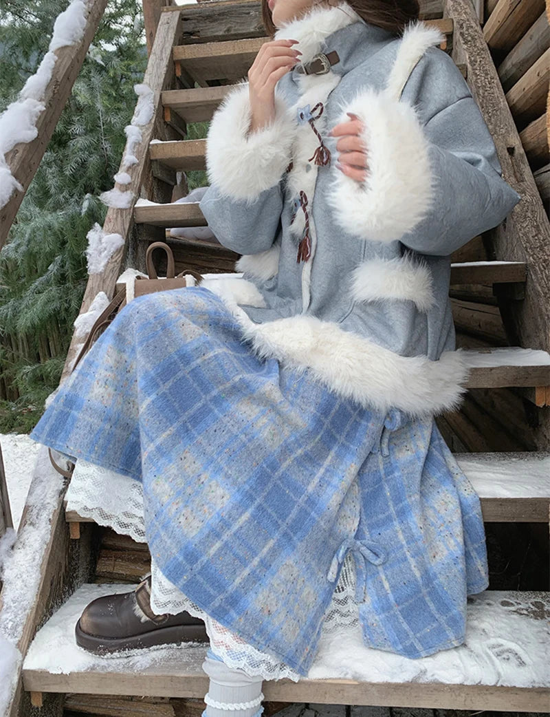 MEXZT Vintage Plaid Woolen Midi Skirt Women Japanese Kawaii Bow Lace Patchwork Skirts Winter Harajuku Cute Casual A Line Faldas