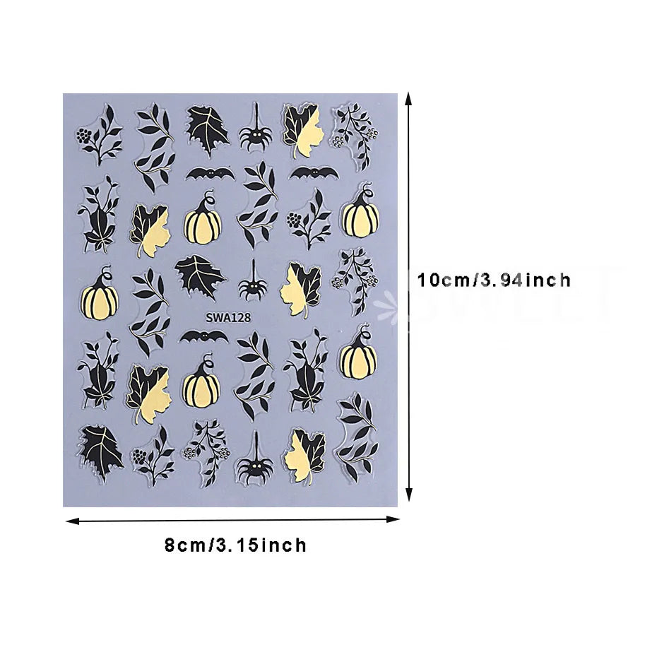 3pcs Autumn Nail Art Stickers Decal Golden Pumpkin Ghost Spider 3D Adhesive Slider for Halloween Thanksgiving Day Manicure Decor