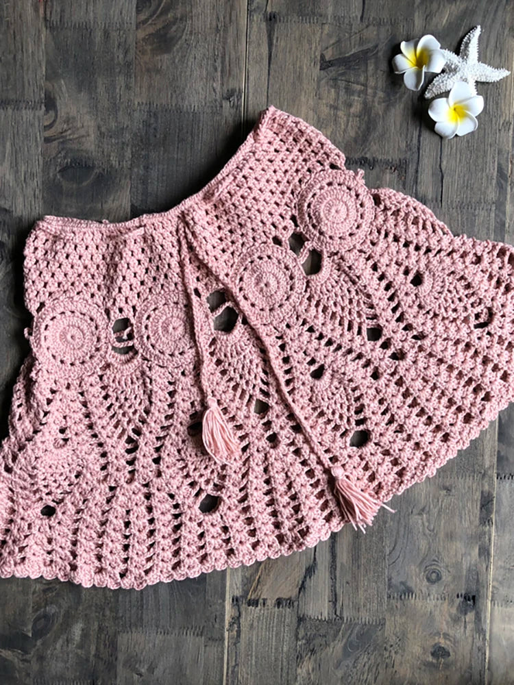 New Sexy Crochet Tassel Beach Skirt Cotton Swimsuit Fused Skirt Casual Beach Running Lace See Through Slim Mini Skirts