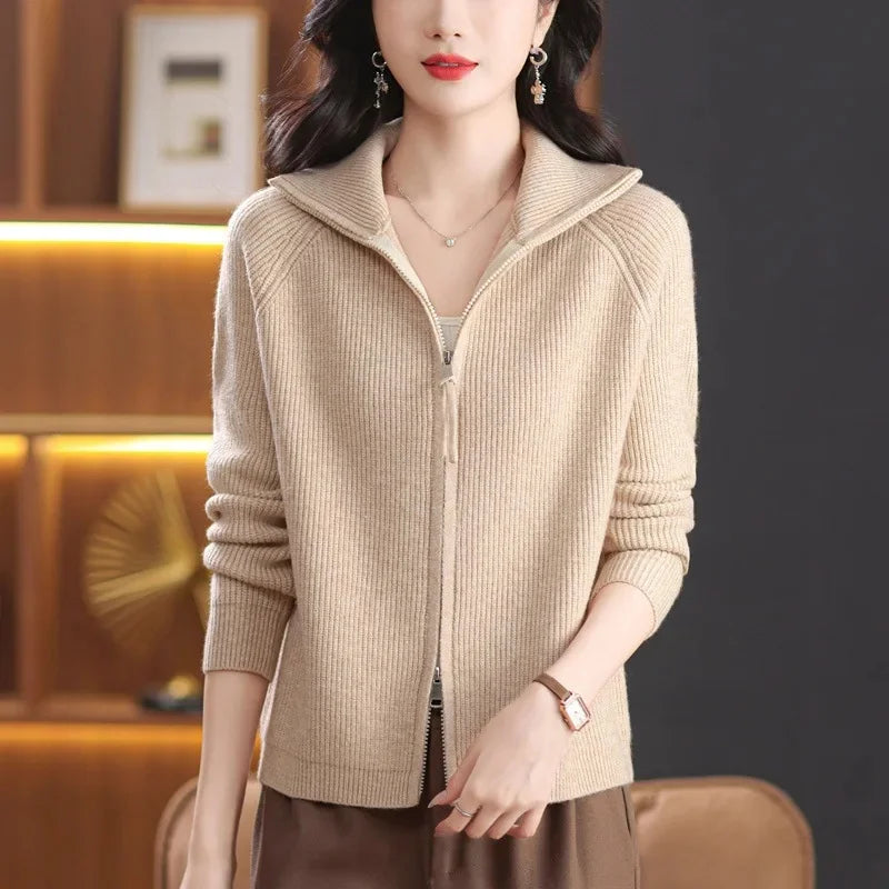 Women's Knitted Open Cardigan Coat Double Zipper Flip Collar Outerwear Fashionable Spring Autumn Winter New Arrival Top