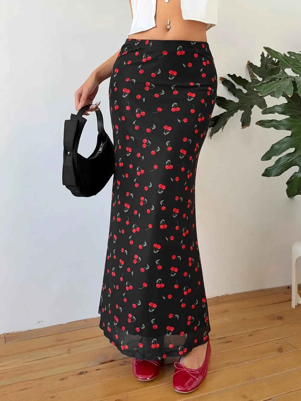 Summer Fashion Long Skirts for Women's Cherry Print High Waist Contrast Patchwork Slim Elegant Sexy Slim Ladies Y2k Maxi Skirt