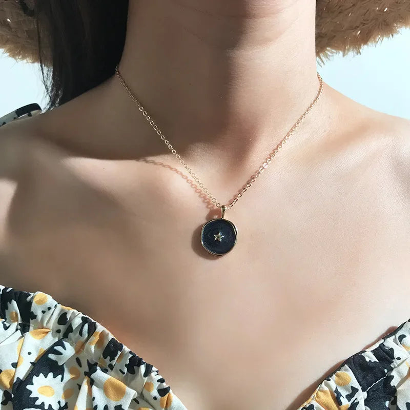 Minimalist Moon Star Enamel Necklaces for Women Girls Colorful Heart Lightning Enamel Pendant Clavicle Chain Party Daily Jewelry