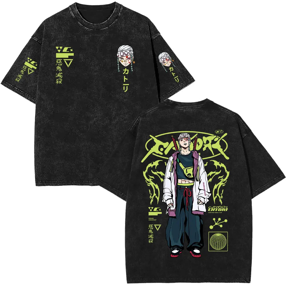 Demon Slayer Tengen Uzui Ninju Mice GYM Washed T Shirts Kimetsu No Yaiba Tee Shirt Cotton T-Shirt Unisex Casual Oversized Tops