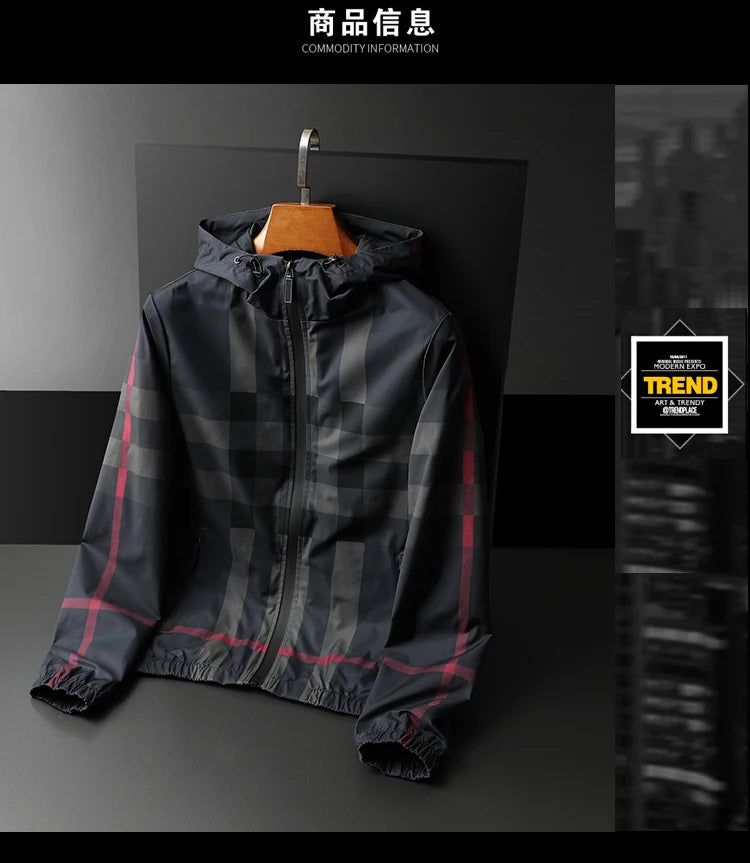 New Korean style fashionable striped jacket, high-quality hooded zipper jacket, men's slim fit jacket