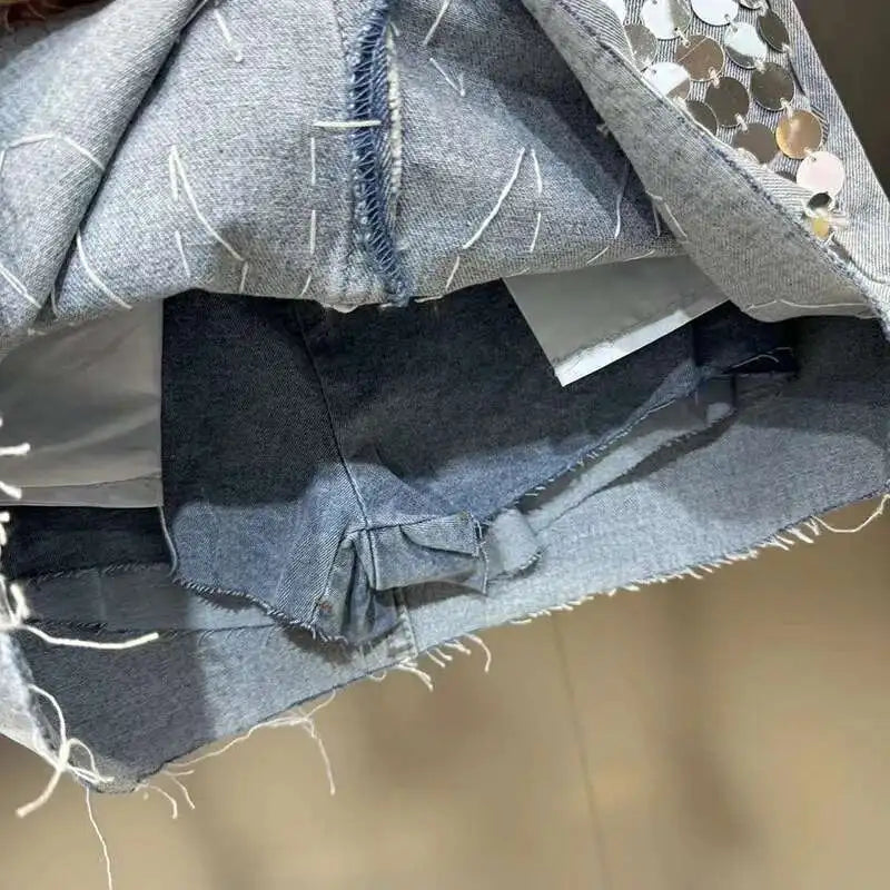 DEAT Sequins Decoration Denim Skirts For Women 2024 Summer New Items High Waist Wrap Hip Skirt Female Trendy Fashion 29L7154