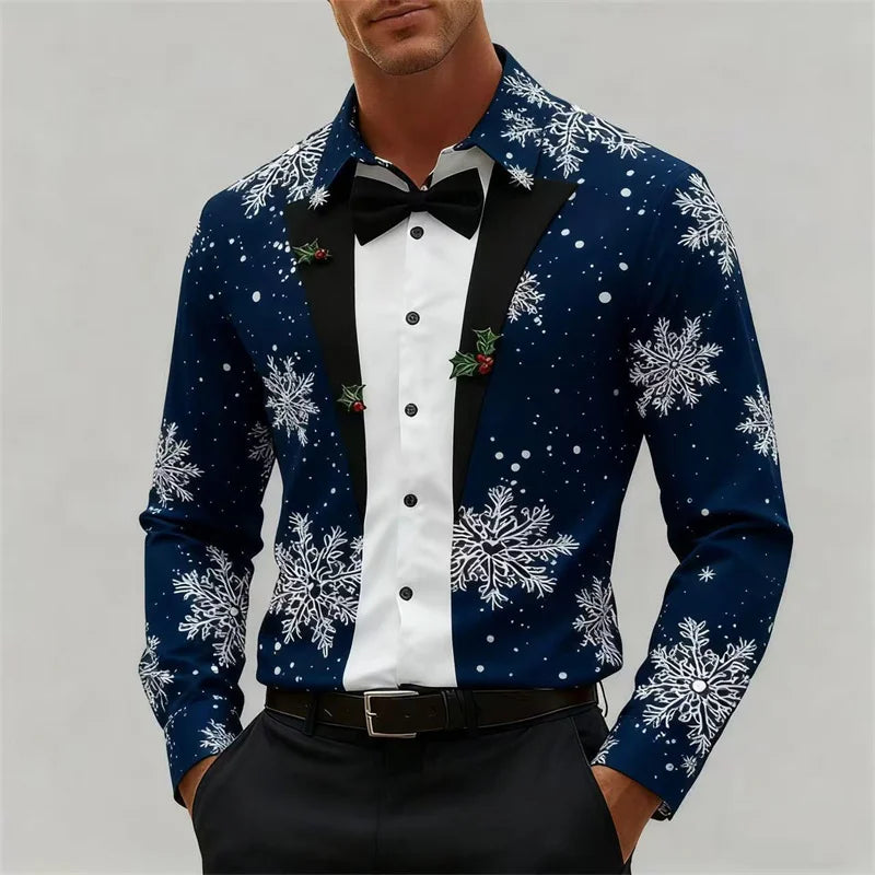 Christmas Men's Snowflake Bow Tie Pattern 3D Print Christmas Shirt Long Sleeve Tops Outdoor Holiday Gift Shirt Men Clothing