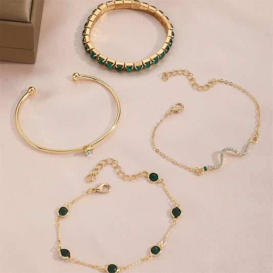 4Pcs/Set Fashion Snake Green Gemstone Bangle Rhinestone Full Metal Bracelet For Women Birthday Party Gift Jewerly