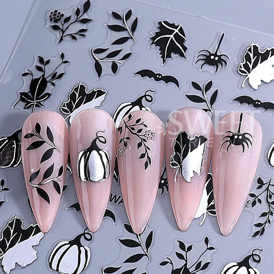 3pcs Autumn Nail Art Stickers Decal Golden Pumpkin Ghost Spider 3D Adhesive Slider for Halloween Thanksgiving Day Manicure Decor