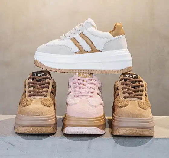 6CM Pink Natural Genuine Leather Fashion Breathable Casual Women's Shoes Platform Warm Plush Winter Autumn Comfy Ankle Booties