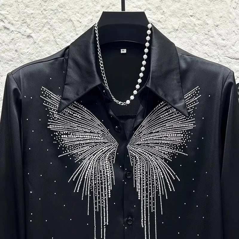 Heavy Industry Butterfly Rhinestone Shirt Men's Korean Version Shoulder Pad Versatile Casual Shirt Stage Performance Streetwear