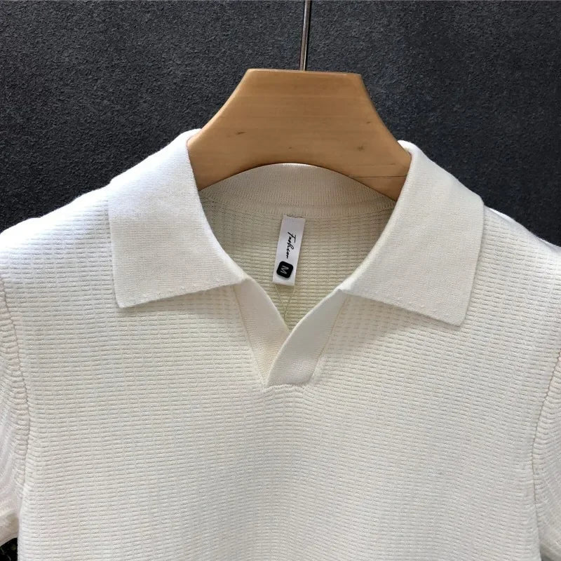 Casual Knitted Polo Shirt Men's Short Sleeve Cuban Collar T-Shirt Summer Fashion Individualistic Turn-down Collar Male Top