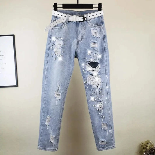 Women Hole Jeans 2023 Spring Summer New Loose High Waist Denim Pants Heavy Beading Straight Nine Points Harem Cowboy Trousers