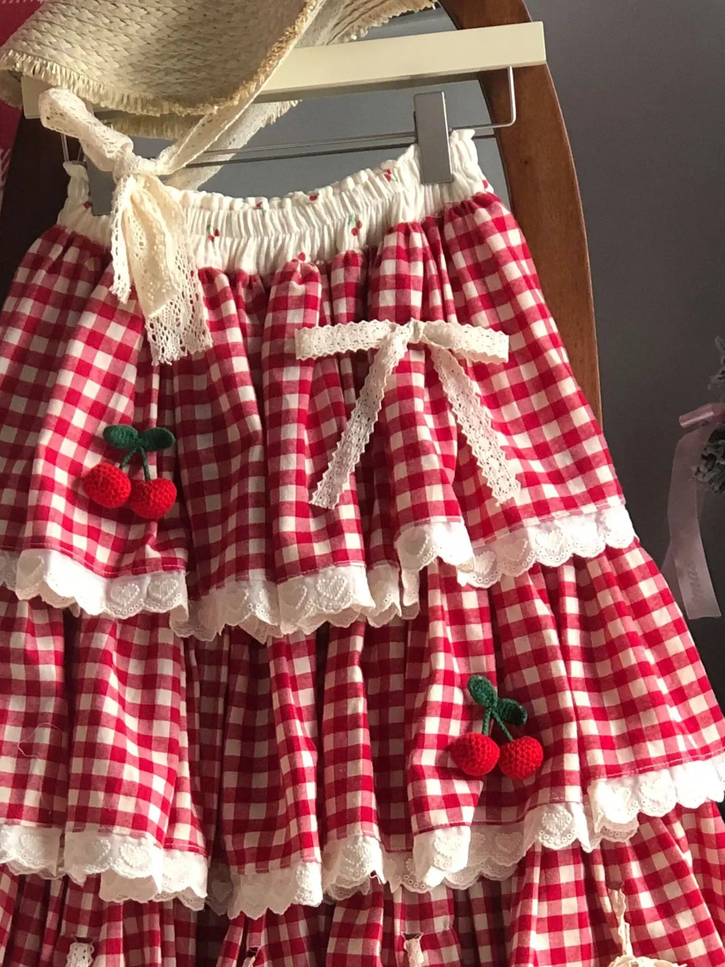 Sweet Multi-Layered Ruffle Cake Skirt Women's Autumn Winter New Cherry Design Lace Half Skirt Fresh And Cute Style Midi Skirt