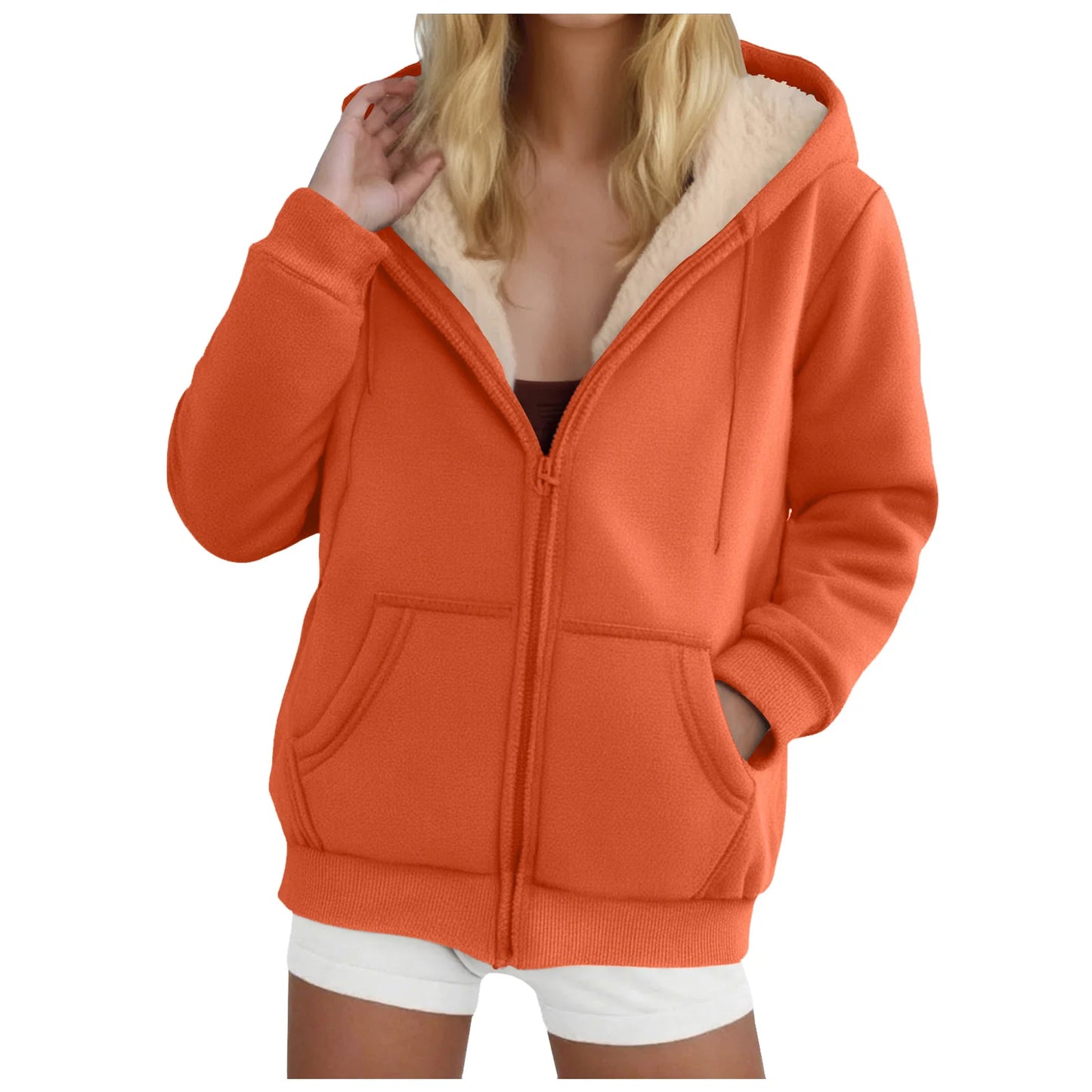 Women's Fleece-Lined Thickened Hooded Sweatshirt Solid Color Autumn Winter Thick Warm Hoodies Zipper Up Pocket Loose Jackets