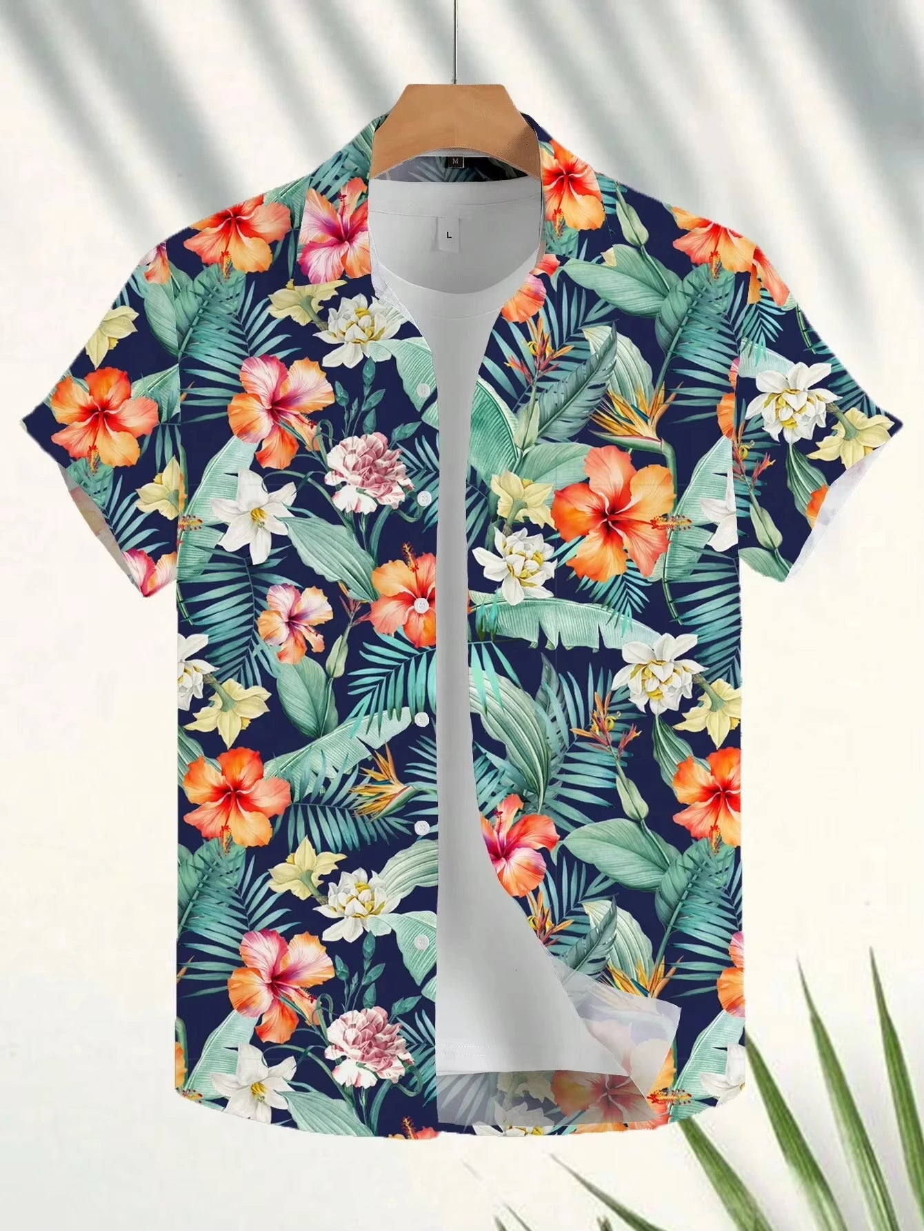 Hawaiian Botanical Flower Print Men's and Women's Short Sleeve Lapel Seaside Button-Down Shirt Top Casual Fashionable Shirts