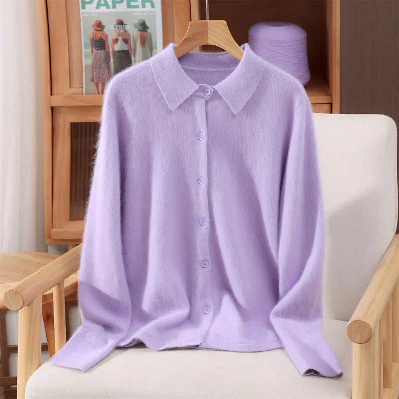 Chic Female Grace Soft Knitwear Women's Polo Collar Button Cardigan 100% Mink Cashmere Sweater Autumn Winter Soft Casual Tops