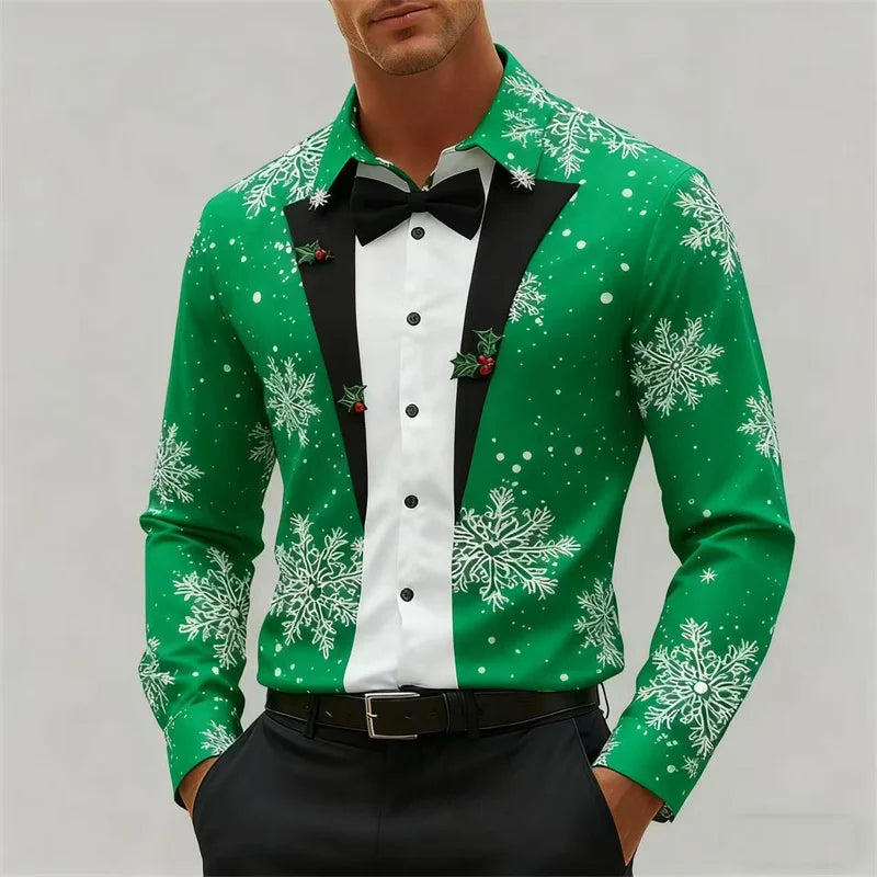 Christmas Men's Snowflake Bow Tie Pattern 3D Print Christmas Shirt Long Sleeve Tops Outdoor Holiday Gift Shirt Men Clothing